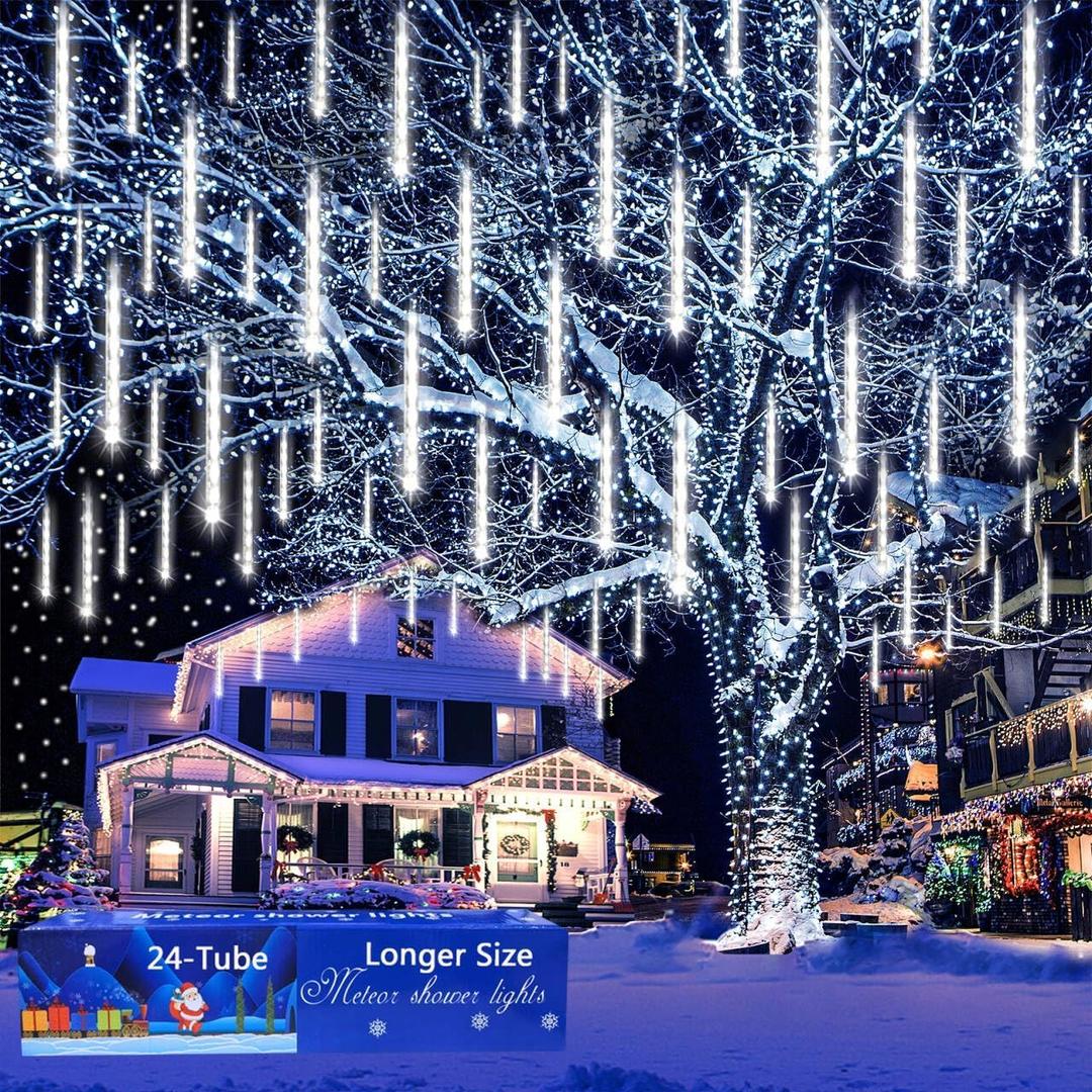 Aokudoni Outdoor Christmas Decorations: 24Tube Meteor Shower Lights 576 LED Snow Falling Icicle Christmas Lights Outdoor for House Tree Yard Garden Xmas Decor, UL Plug, Blue