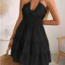 SOLY HUX Women's Summer Mini Dress Halter Backless Sleeveless A Line Ruffle Hem Flowy Cami Dresses Sundress (Black, M)