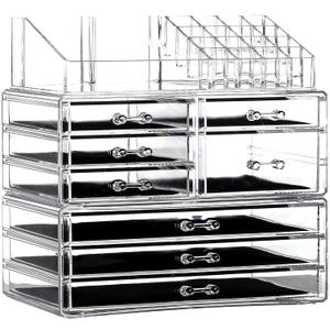 Cq Acrylic 3 Pack Clear Make Up Organizers - Stackable 8 Drawer Organizer for Vanity, Desk, Jewelry, Beauty & Skincare Products
