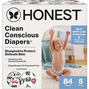 The Honest Company Comfort Dry Disposable Daytime Diapers for Sensitive Skin, Hypoallergenic, Big Trucks + All The Letters, Super Club Box Size 5 (27 lbs), 84 Count