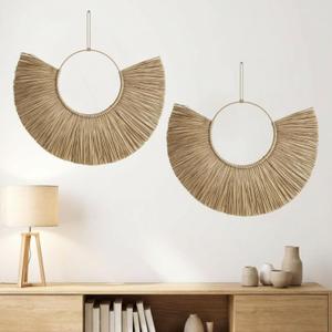 RattanView 2 Pcs Woven Seagrass Boho Fan Wall Decor, 20'' x 12'' Rattan Wicker Basket Wall Art, Versatile Room Accent for Home Living Room Bedroom