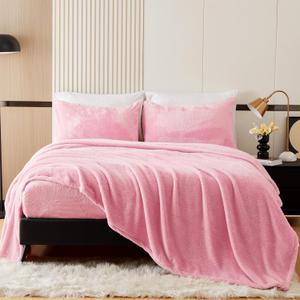YIYEA Faux Fur Sheets, Luxury Ultra Soft Fleece Bed Sheets Set, Fluffy Plush Velvet Bedding for Fall Winter, Cozy Warmth, No Shedding, 3PC, Twin, Pink