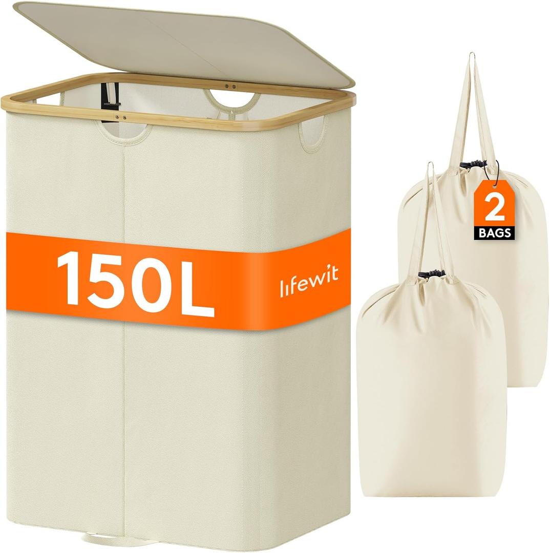 Lifewit 150L Double Laundry Hamper with Lid, Large Laundry Basket with Bamboo Handles and Removable Laundry Bags, Foldable Clothes Hampers for Laundry for Bedroom, Bathroom, Dorm, Laundry Room, Beige