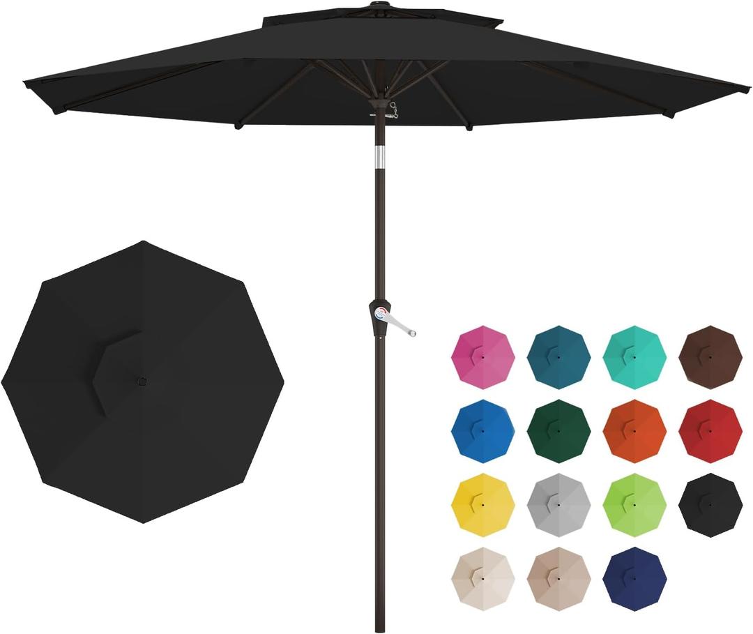 10FT 2-Tiers Outdoor Patio Umbrella, Outdoor Table Umbrella with Push Button Tilt and Crank, Vented Large Market Umbrella 8 Sturdy Ribs UV Protection for Pool, Deck, Backyard, Garden (Black)