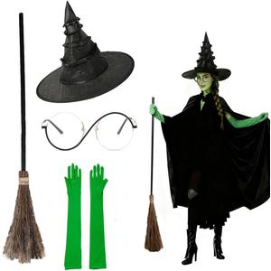 4 Pcs Halloween Witch Costume Set, Cosplay Kit with Witch Hat, Green Gloves, Broom & Glasses Wicked Party Costume for Women Lady