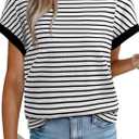Acelitt Womens Short Sleeve Knit Tops 2025 Trendy Crewneck Striped T Shirts Casual Summer Blouses Outfits (Medium, Black)