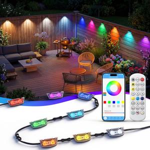 Kimjo RGBCW Deck Lights 8-Pack 49ft, IP67 Smart Outdoor Fence Lights | 60 + Scenes, 16M Colors, 2700K-6500K Dimmable, Music Sync, App & Remote, Long-Lasting Lights for Patio Fence Garden