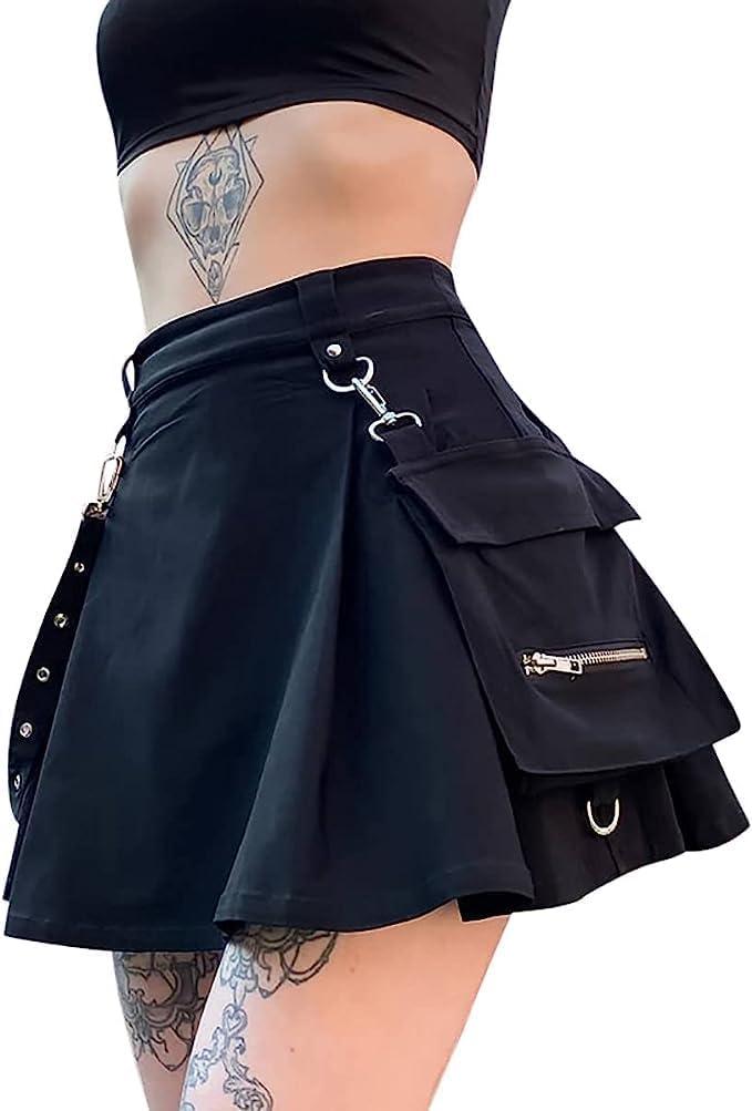 Ruolai Goth Black Pleated Mini Skirt with Chain High Waisted Tennis Skirt (Medium) Black Ruolai Goth Black Pleated Mini Skirt with Chain High Waisted Tennis Skirt (Medium) Black