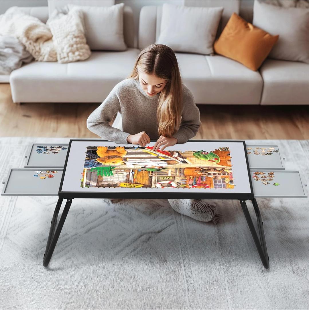 Puzzle Table 1500pcs,Foldable Puzzle Table for Storage with 4 Drawers, Metal & Plastic Frame,U-Shaped Legs, Grey & Black, 15.35 Inch Height