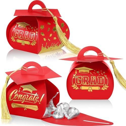 Spakon 30 Pcs Graduation Cap Gift Box Graduation Party Favors Candy Boxes Treat Box with Tassel Table Centerpieces Class of 2025 Grad Decorations(Red, Gold)