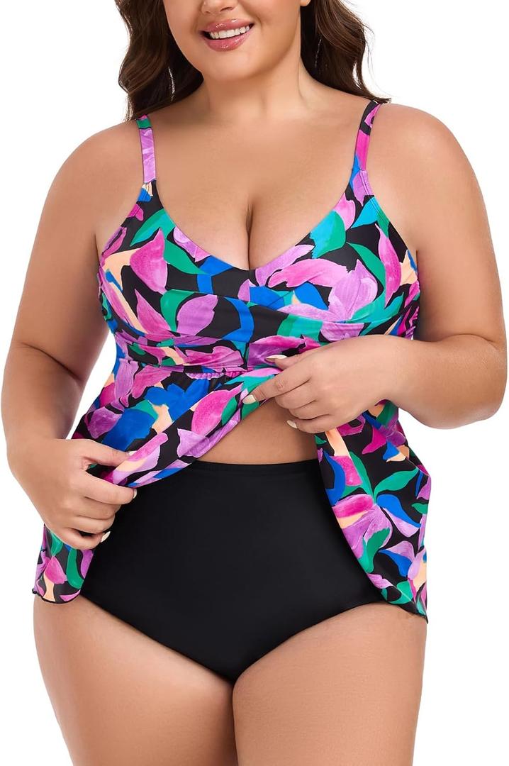 RELLECIGA Women's Tummy Control Tankini Set Swimsuits V Neck Two Piece Bathing Suits Full Coverage Swim Tank with Molded Cups (S)