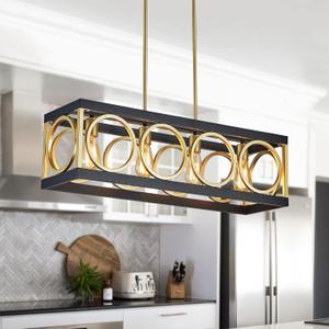 XINGQI Modern Rectangle Chandelier, Farmhouse Kitchen Island Lighting Rustic Industrial Hanging Light Fixture 4-Light Metal Linear Pendant for Dining Room Living Room Hallway, Black and Gold