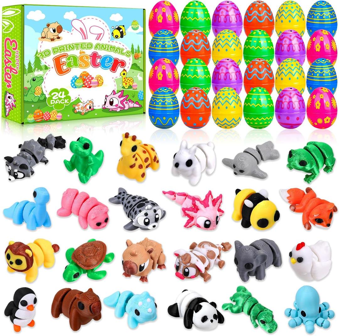 24 Pack Prefilled 3D Printed Animals with Easter Eggs Set Easter Day Gift Figurines Gifts Toys for Kids Basket Stuffers Classroom Prizes Exchange Party Favors
