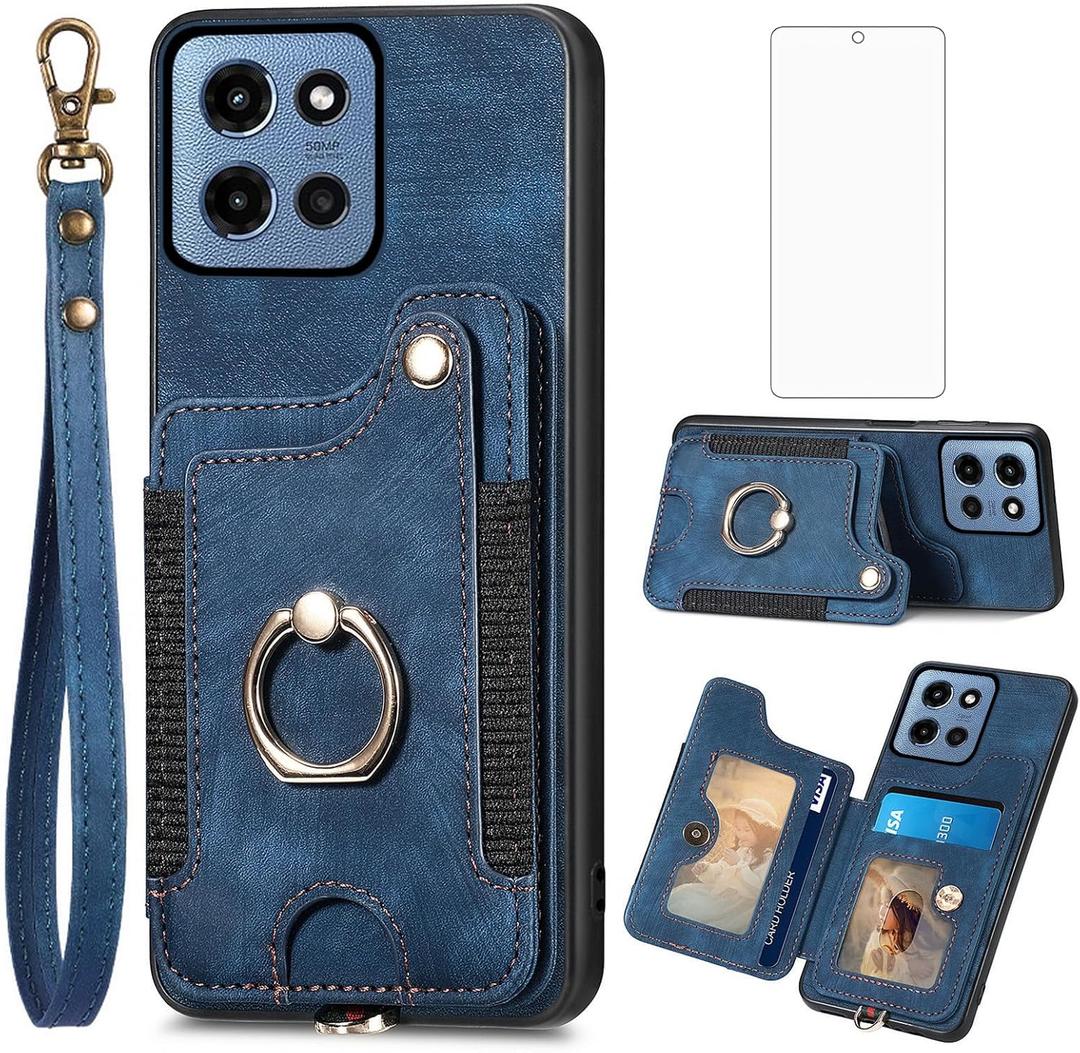 Asuwish Phone Case for Motorola Moto G 5G 2025 Wallet Cover with Tempered Glass Screen Protector and Wrist Strap Lanyard RFID Credit Card Holder Ring Stand Cell Accessories G5G 5 G G5 Women Men Blue
