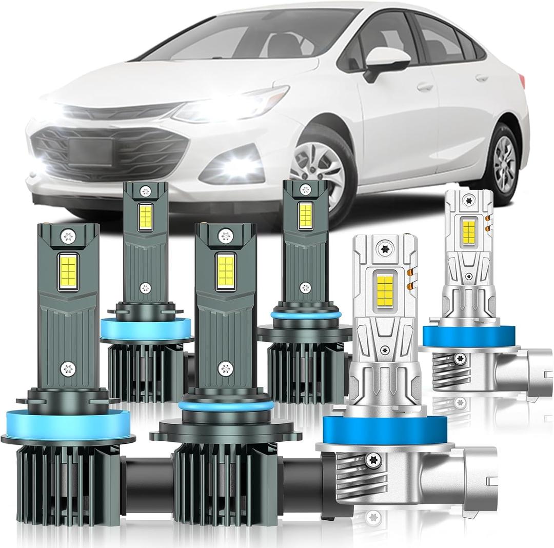 Fit for Chevrolet Chevy Cruze 2016-2019 Light Bulbs(without Projector Version), High/Low Beam Fog Light Bulbs Combo, 800% Brightness, 6000K Cool White, Plug and Play, Pack of 6