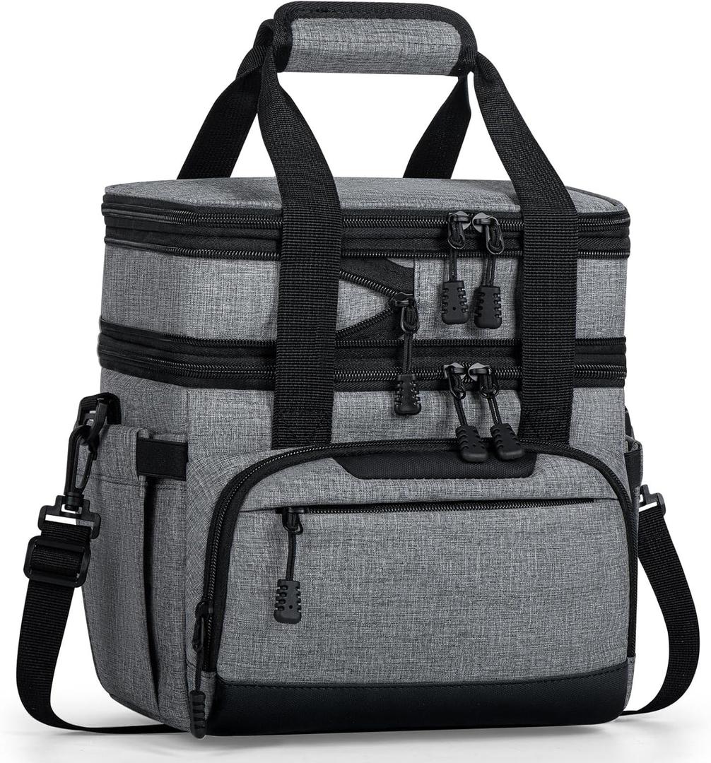 Large Lunch Box for Men/Women Dual-Compartment Insulated Lunch Bag,Adults Expandable Leakproof Cooler Bag Lunch Tote with Adjustable Shoulder Strap for Work Camping Picnic, Grey 24-Can(14L) (Large(Double Deck), 