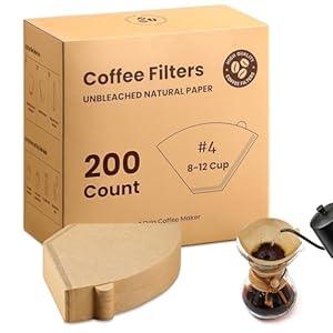 #4 Cone Coffee Filters 8-12 Cup, 200 Count Unbleached Natural Coffee Paper Filters, No Blowout, Disposable Coffee Filter for Pour Over and Drip Coffee Maker