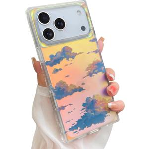 Cute Case for iPhone 17 Pro Max Case for Women Girls with Iridescent Cloud Pattern Design, Aesthetic Trendy Girly Matte Glitter Sparkly Rainbow Rectangle Protective Phone Cover, Sun Set Sky