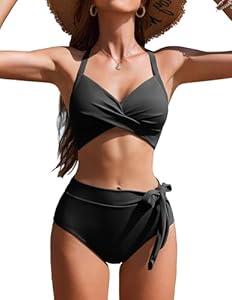 AI'MAGE Womens High Waisted Bikini Sets Tummy Control Swimsuits Two Piece Swim Suits 2025 Crisscross Tie Back Bathing Suits (XX-Large, Black)