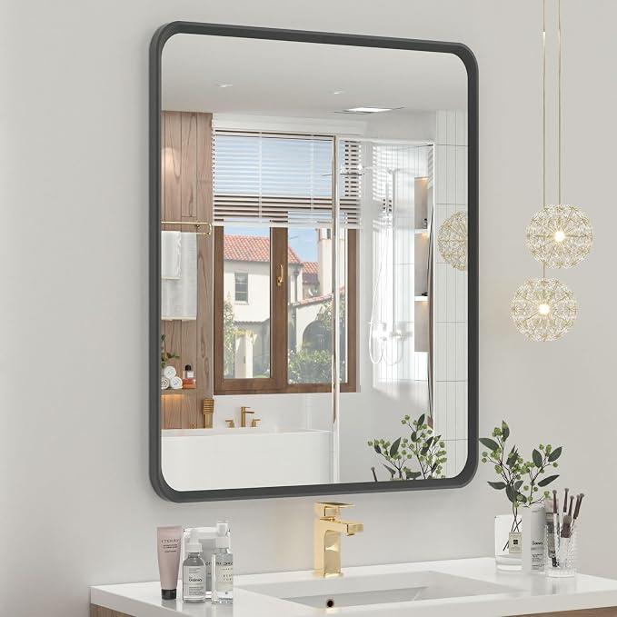 OKPAL 44X36 Inch Black Bathroom Mirror for Wall, Bathroom Vanity Mirror, Matte Black Frame Rectangle Mirror, Round Corner, Rustproof, Tempered Glass (Horizontal/Vertical)
