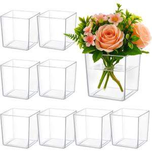 8 PCS Clear Square Vases, 4.7 in Acrylic Flower Vases, Plastic Cube Centerpiece Containers, Bulk Planters for Wedding Table Decor, Home Office Floral Display, Succulent Pot Use
