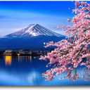Aibonnly Wall Art Canvas Painting Cherry Blossoms Mount Fuji 1 Piece Mount Fuji and the Sakura Blossoming Lake Picture Poster Print Framed and Stretched Ready to Hang for Living Room Bedroom (48L" x 24W", Pink)