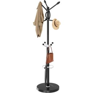 Metal Coat Rack with Natural Marble Base, Coat Rack Stand with 12 Hooks & Umbrella Holder, Black Modern Freestanging Coat Racks, Coat Jacket Hanger Tree Stand for Corner Entryway Office