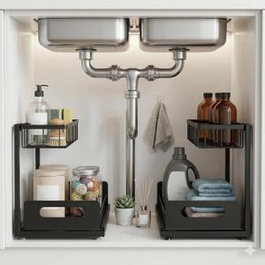 Sturdy Metal Under Sink Organizer 2 Tier, Pull Out Drawer Slides Under Sink Storage for Bathroom Kitchen, Multi-Purpose Iron Under Cabinet Organizer for Cleaning Supplies (Black, 2 Pack)