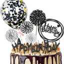 Black Cake Topper Decoration with Happy Birthday Candles, Acrylic Birthday Cake Topper, Confetti Balloon and Paper Fans for Black Theme Birthday Party Decor Girl Boy Women Man