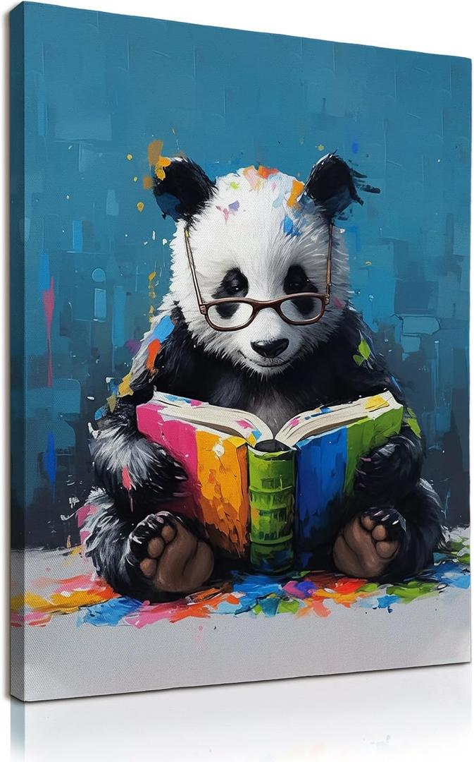 KU-DaYi Panda Reading Book Wall Art Decor, Cute Panda Bookish Canvas Prints Pictures Framed, Book Lovers Gifts Wall Art Prints for Home Reading Room Library Classroom Decor, 11x14 Inches