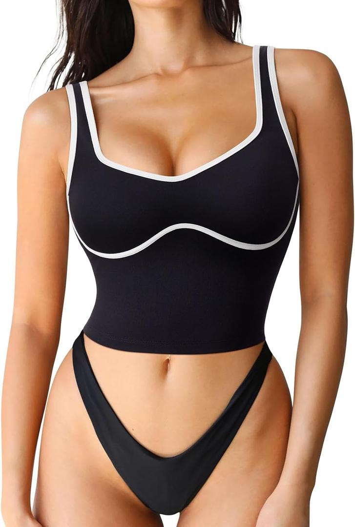 SUUKSESS Women Sweetheart Neckline Longline Sports Bra Padded Basic Workout Crop Tank Top (Medium, Jet Black)