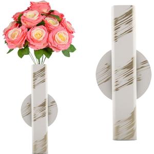 Self Adhesive Wall Vase Metal Tube Decoration Holder Used to Display Dried Flower, Faux Flowers, Fake Flowers, Also Suitable for Cemetery Memorial Decoration (1 Pcs White Gold Stripe)