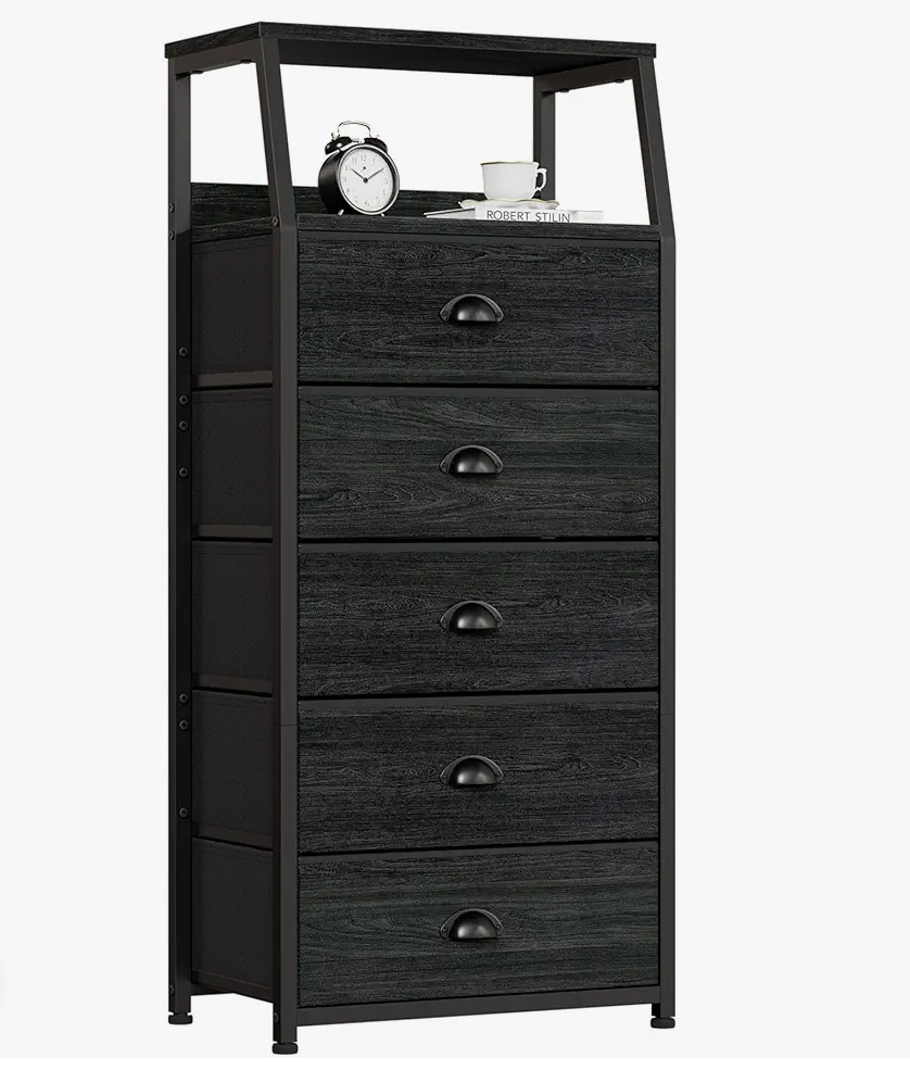 Furnulem Black Dresser with 5 Drawers, Vertical Storage Tower Fabric Dresser for Bedroom, Hallway, Entryway, Nursery, Closet Organizer, Nightstand Bedside Table Furniture, Sturdy Steel Frame, Wood Top, 11.5"D x 16.1"W x 43.3"H