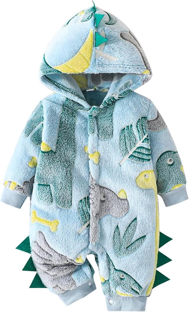 Newborn Baby Dinosaur Snowsuit Infant One Piece Hooded Jumpsuit Toddler Cartoon Romper Winter Warm Fleece Outfit Size 3-6 Month, Blue