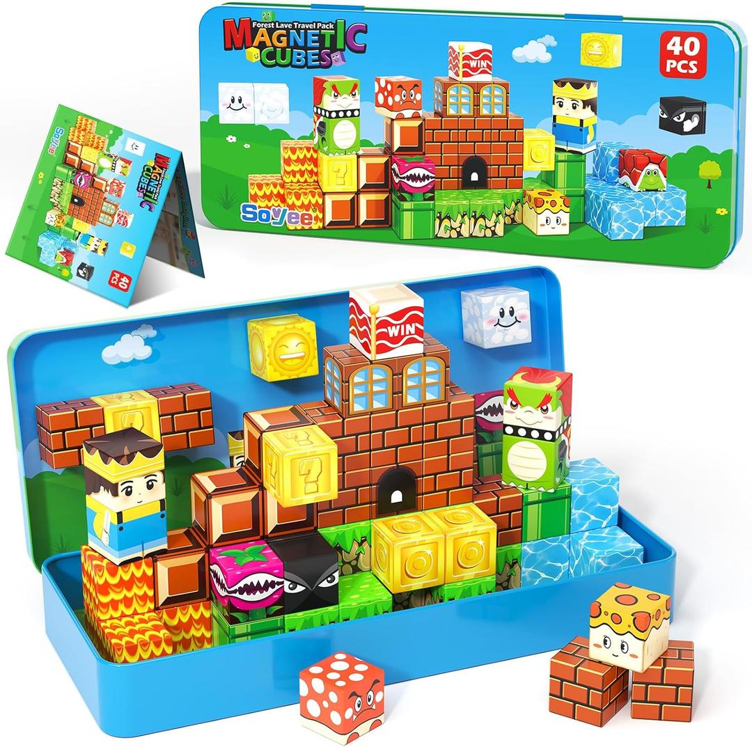 Soyee Magnetic Blocks Travel Toys with Portable Metal Tin - STEM Magnet Building Blocks Toddler Kids Toys for 3 4 5 6 7 8 Year Old Boys & Girls Xmas Birthday Gifts Stocking Stuffers Party Favor