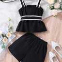 Verdusa Girl's 2 Piece Brunch Outfits Bow Knot Belted Contrast Trim Tank Tops with Shorts Comfy Sets (Black, XS)