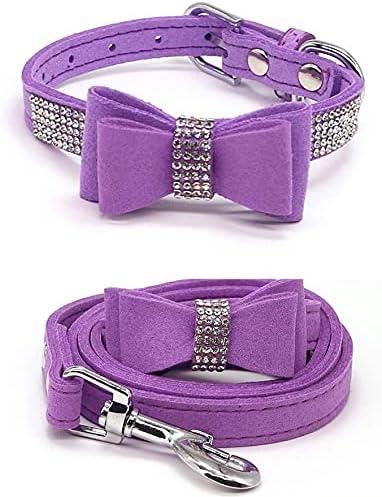 Dogs Kingdom Rhinestone Bling Dog Cat Collar Leash Set Crystal Diamonds Studded with Cute Bowknot Puppy Dogs Collar Leash Set Adjustable with Soft Velvet,Purple,L:14.5-18.5" Neck
