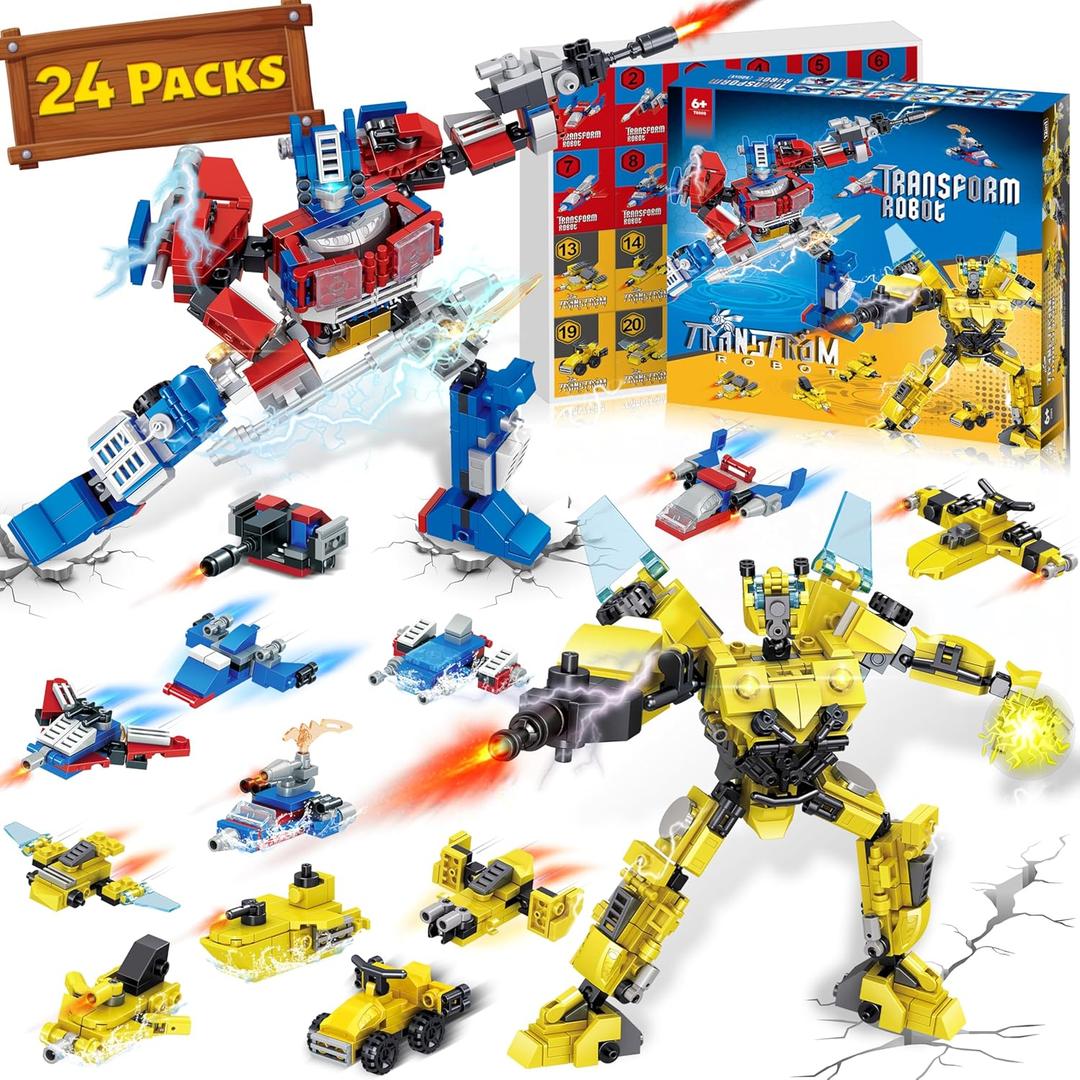24 Packs Valentines Day Gifts for Kids - Transform Robot Building Blocks, 12-IN-1 Kids Valentines Day Gifts for School Classroom, Boys Girls Valentines Exchange Party Favors Valentines Day Decorations
