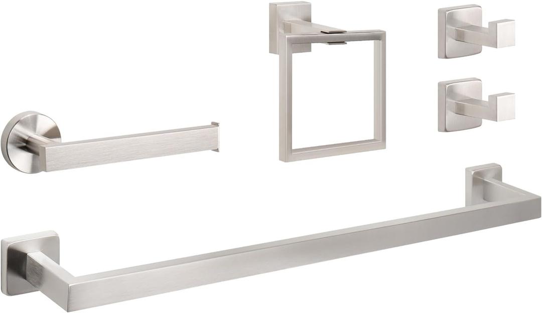 NearMoon 5 Pieces Bathroom Hardware Set 304 Stainless Steel, Square Towel Rack Kit - 24" Towel Rod + Towel Ring + Toilet Paper Holder + 2 Robe Hooks, Wall Mounted Bath Accessories (Brushed Nickel)