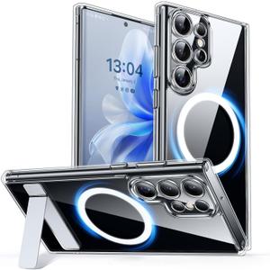 CANSHN Strong Magnetic & Seamless Stand Designed for Samsung Galaxy S22 Ultra Case Clear [Full Camera Protection] [Adjustable Kickstand] [Compatible with MagSafe] Protective Phone Cover - Clear