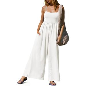 Fisoew Womens Summer Jumpsuits One Piece Casual Loose Overalls Spaghetti Strap Wide Leg Rompers with Pockets Workout Outfits (White, S)