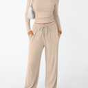 Trendy Queen Women's 2 Piece Matching Lounge Set Long Sleeve Side Ruching Top Wide Leg Drawstring Pants Set with Pockets (Large, Almond)