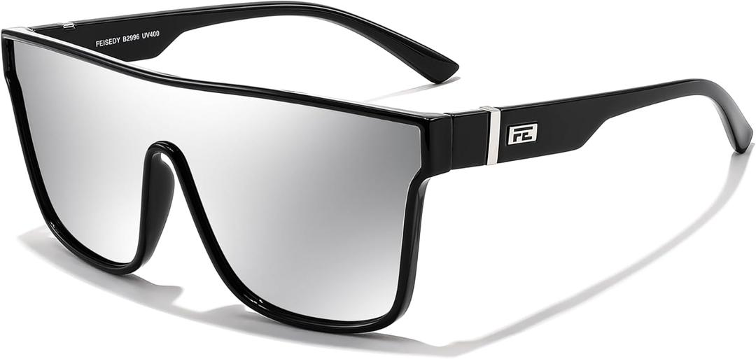 FEISEDY Sunglasses for Women Men, Fashion Mirrored Single Lens, Driving Beach Sunnies UV400 Shades B2996 (Black Frame & Silver Lens) FEISEDY Sunglasses for Women Men, Fashion Mirrored Single Lens, Driving Beach Sunnies UV400 Shades B2996 (Black Frame & Silver Lens)