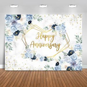 Happy Anniversary Backdrop 7x5ft Blue and White Flowers Wedding Anniversary Party Decorations Background Bridal Shower Engagement Banner Photo Booth Props