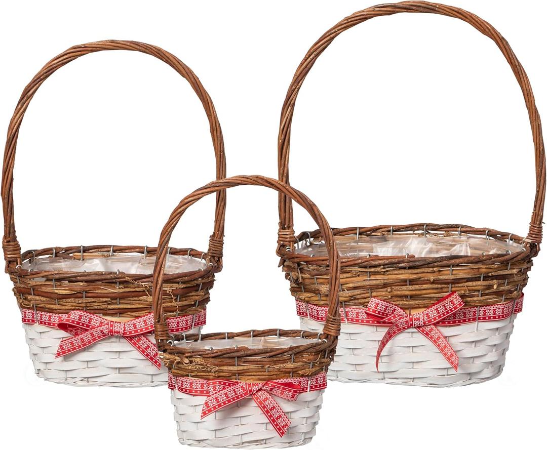 Set of 3 Rattan Woven Baskets with Handle and Plastic Lining, Sturdy and Stylish Picnic and Gift Baskets - Ideal as Fruit Basket, for Storing Picnic Accessories, Garden Items and Home Decor