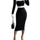 SOLY HUX Women's Long Sleeve Square Neck Bodycon Elegant Midi Dress Pencil Cocktail Party Dresses (Black and White, Medium)