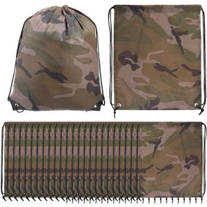 24 Pcs Camo Bag Waterproof Camo Drawstring Bags Bulk Large Army Lightweight Woodland Camouflage Drawstring Classic Gift Bags Army Party Favors Backpack String Bag Travel Gym Sport