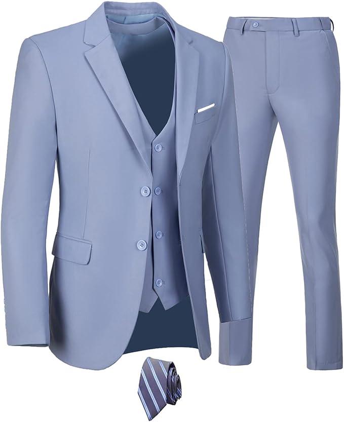 Furuyal Mens Suits 3 Piece Slim Fit Single Breasted Suits Formal Wedding Prom Tuxedo Suits Jacket Pants Lavender-L