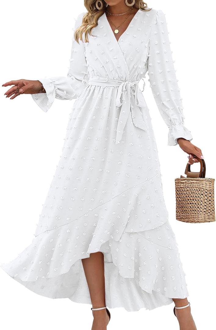 BTFBM Womens Boho Cocktail Maxi Dress Fall Fashion 2025 V Neck Long Sleeve Swiss Dot Flowy Slit Wedding Guest Dresses (XX-Large)