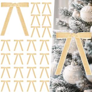 Artmag 24 Pcs Velvet Bows for Christmas Tree Rustic Bows Velvet Christmas Ornaments for Door Garland Wreath Gift Party Holiday Decoration (Width of 1 Inch,Beige)